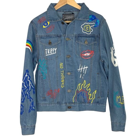 NWOT Brooklyn Cloth Streetwear Graffiti Denim Button Up Jacket unisex size small - Picture 1 of 14
